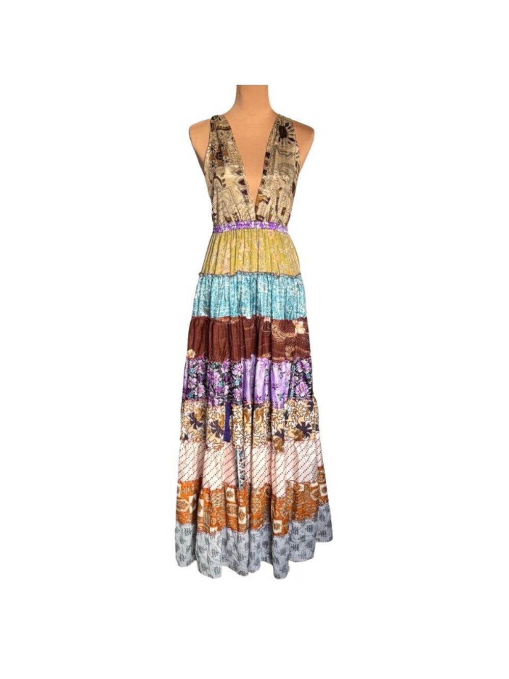 Boho Y2K Patchwork Tiered Maxi Dress Sz S Open Back Flowy Gipsy - Picture 2 of 16